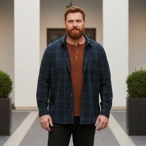 King Size 2XL Tall Blue/Green Plaid Button Down Shirt Cotton Blend EUC